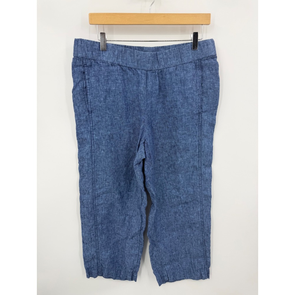 J Jill Pure Jill Linen Pants Womens Medium Blue Cropped Elastic Waist Straight
